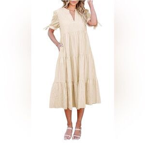 ECOWISH - Casual Dress V Neck Short Sleeve Gingham Midi Ruffles Tiered - size XL